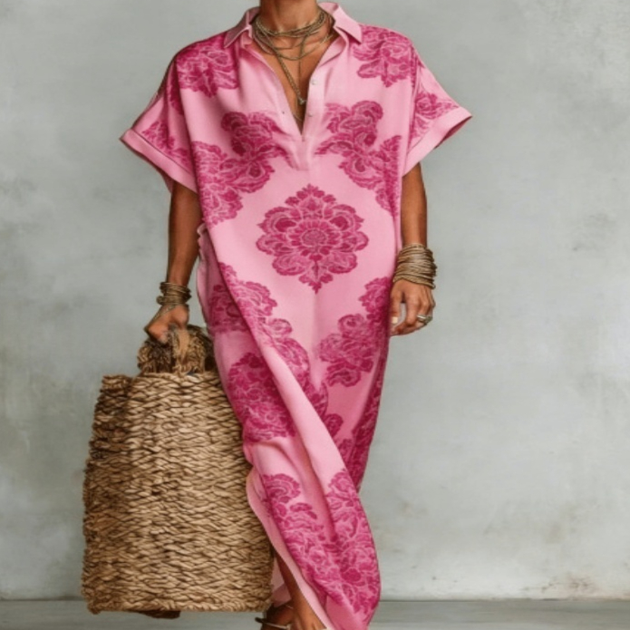 Womens Four-Way Stretch Printed Long Skirt With A Collar
