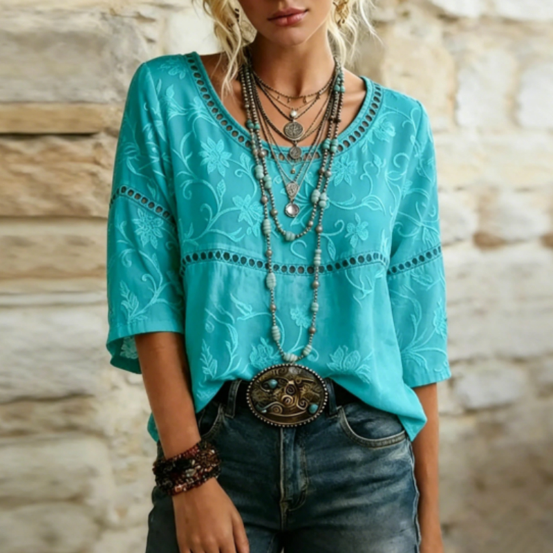 Turquoise Floral Embroidered Lace Cutout Sleeve Blouse — image 1