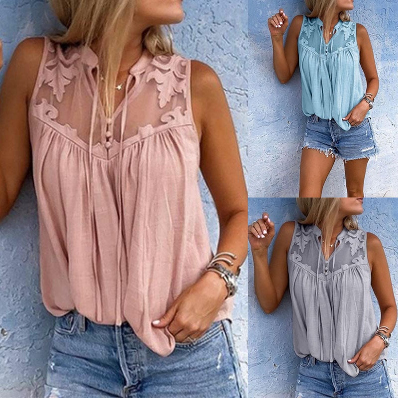 Chiffon Patchwork Lace V-Neck Sleeveless Shirt