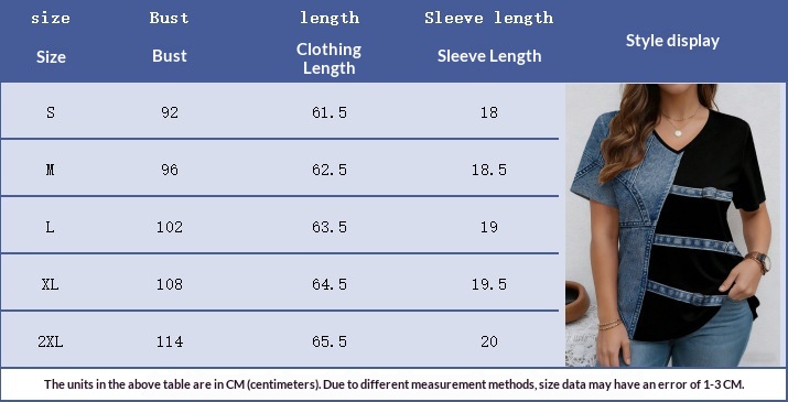 Denim print t-shirt size chart reference image
