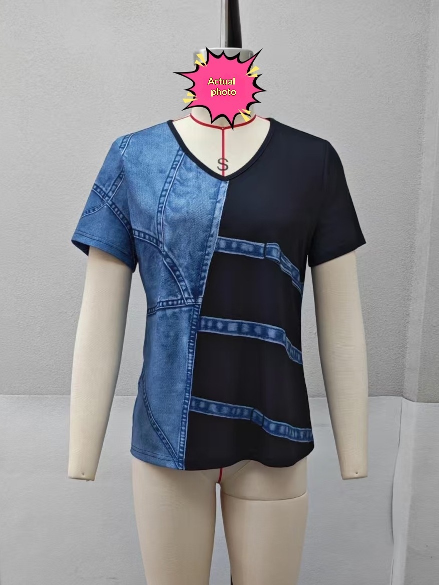 Denim print short sleeve t-shirt in black and blue patchwork, lifestyle photo