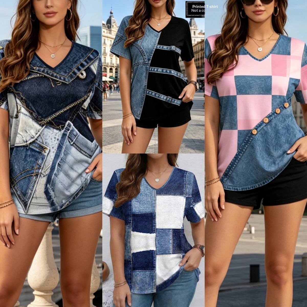 V-neck denim print tee in white plaid, model wearing full length view