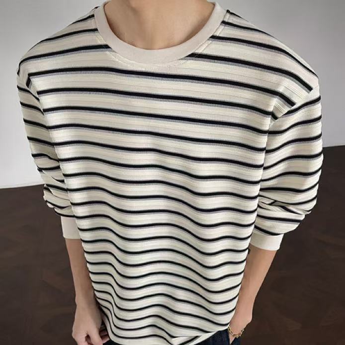 Men's Striped Loose-fit Casual Crewneck Long-sleeve