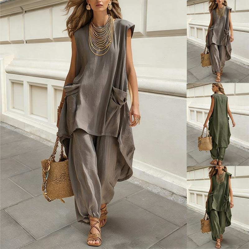 3D-cut resort two-piece set, model wearing lifestyle photo showing full length silhouette