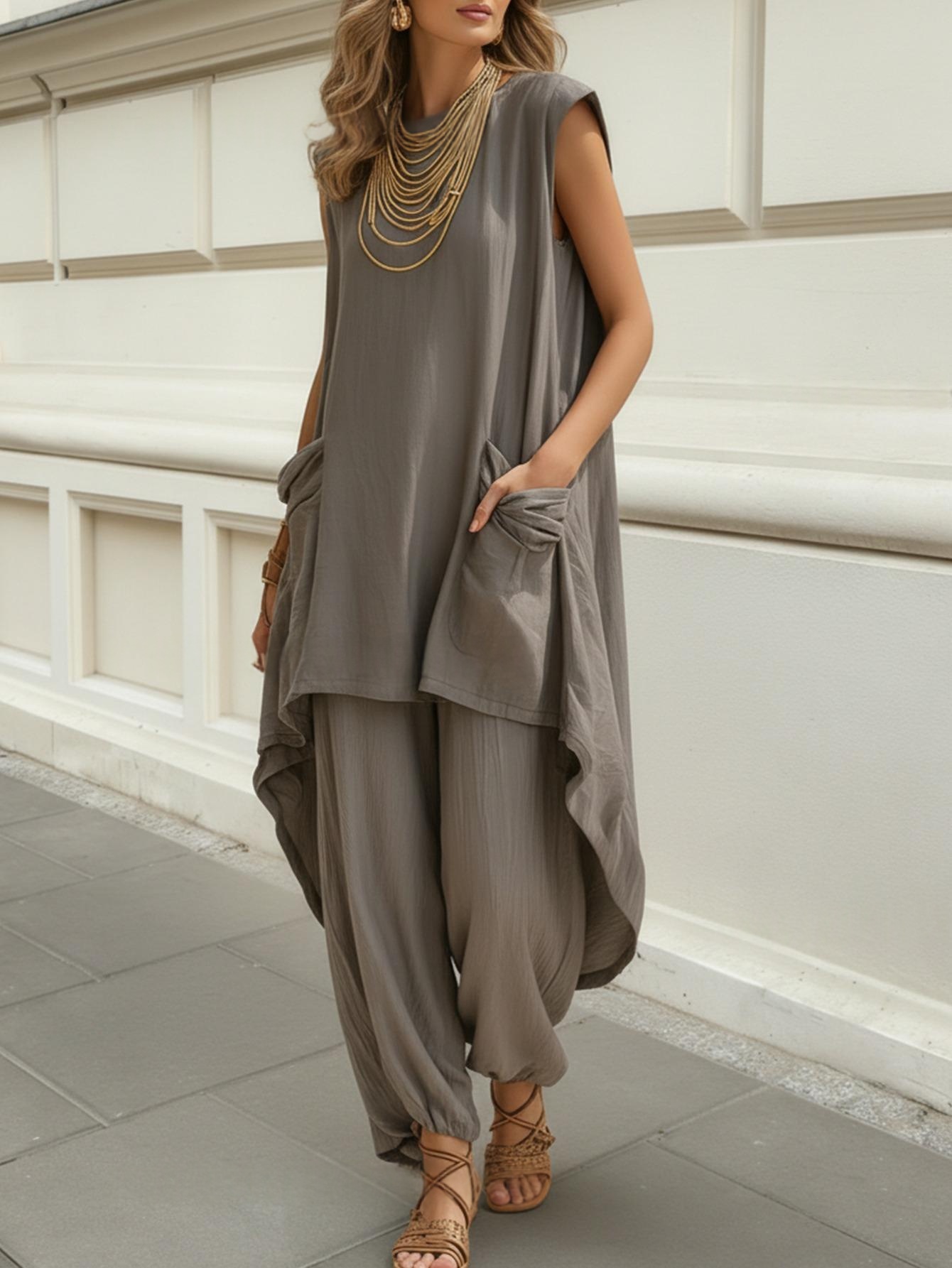Sleeveless resort two-piece set, detail shot showing fabric quality and 3D cut construction