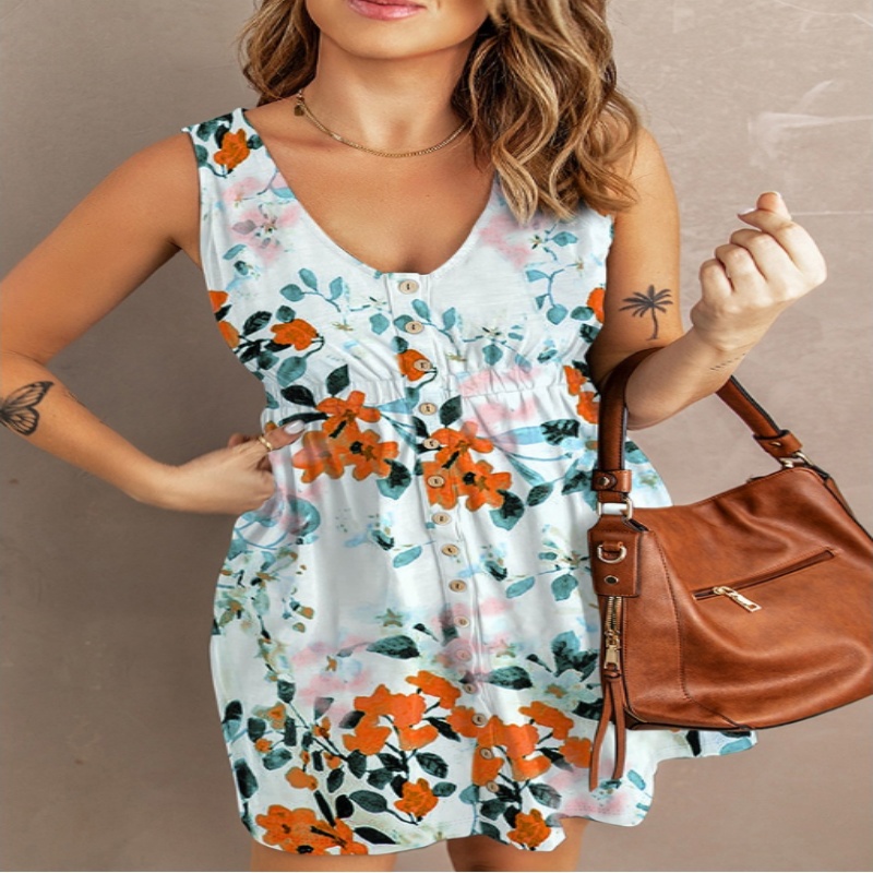 Fashionable Multi-Color Womens Summer New Arrival Printed Waist-Cinching Sleeveless V-Neck Dress