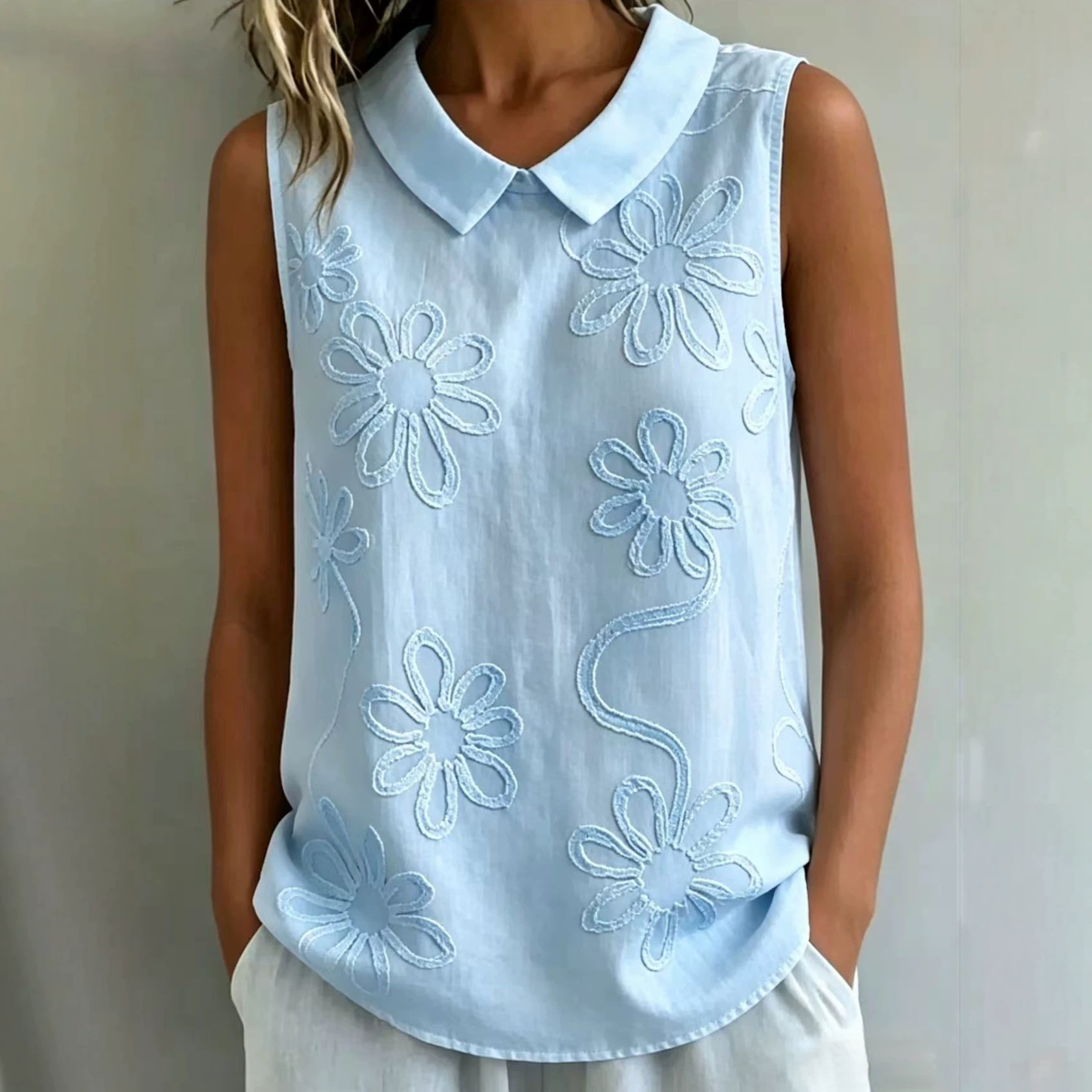 Loose-fit Casual Vintage Vest Embroidered Floral Sleeveless Shirt — image 1
