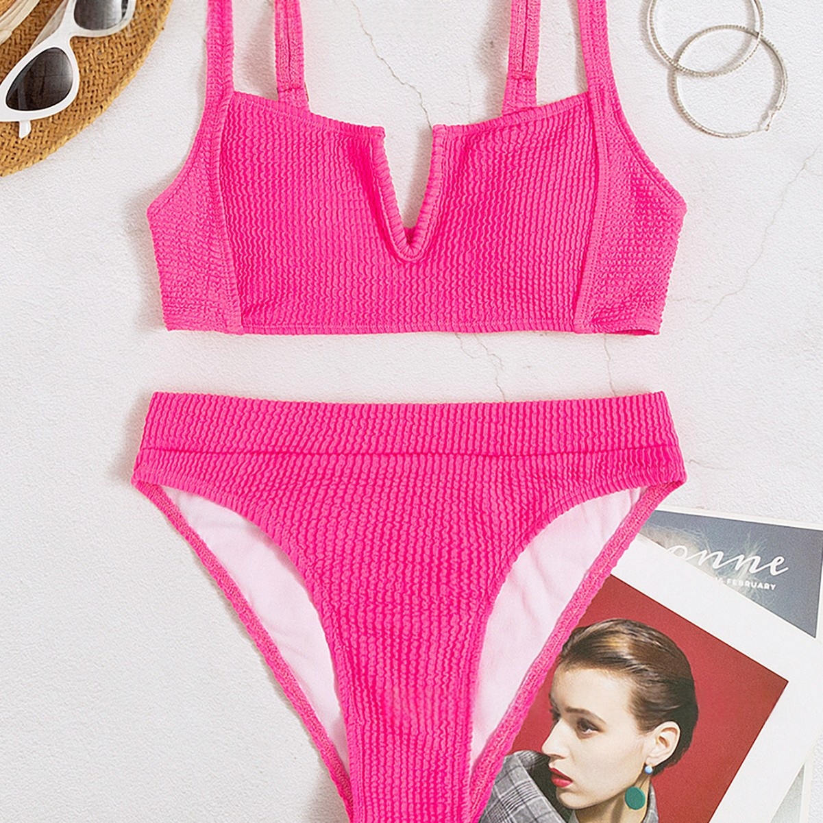 Solid-color V-neck High-waisted Bikini Swimsuit