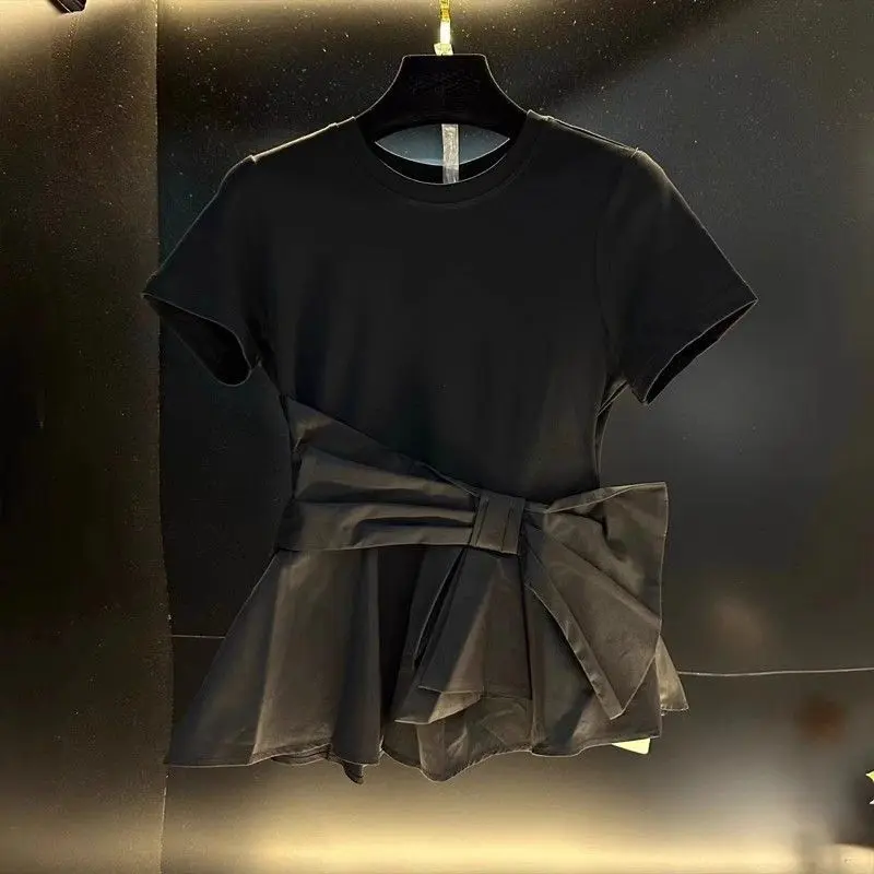 Slimming Waist-cinching Irregularly Patterned Short-sleeved T-shirt With Bow Detail
