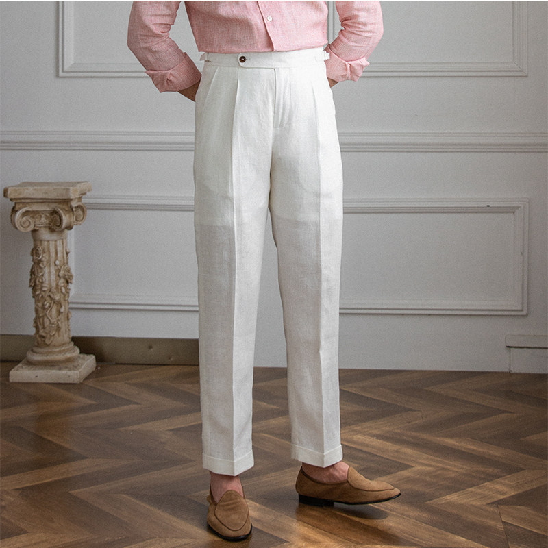 Summer Linen Straight-leg Trousers, High-waisted Neapolitan Style Trousers