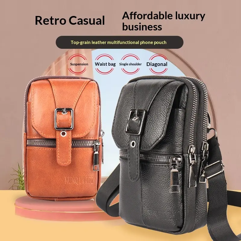 Genuine Leather Belt-Attached Multifunctional Phone Bag Mens