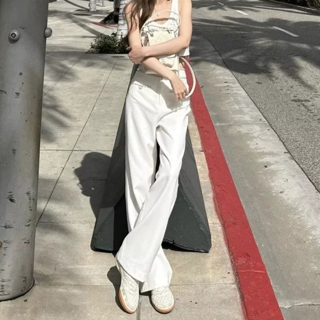 Delicate Chain High-waisted White Trousers