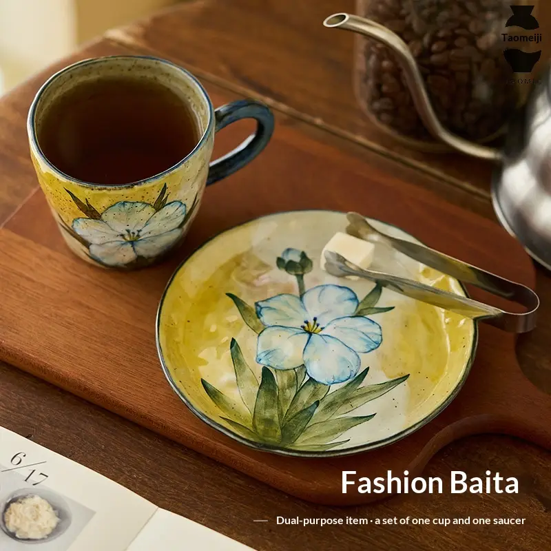 Hand-painted Lotus Flower Underglaze Colored Hand-thrown Coffee Cup With Saucer