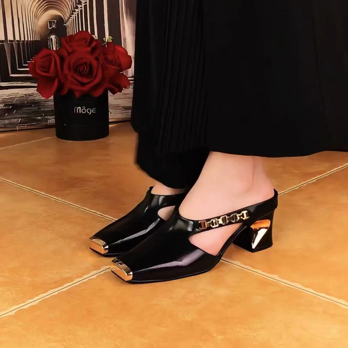 Women's Square-Toe Metal-Cap Platform Sandals in Black – Sarah Express