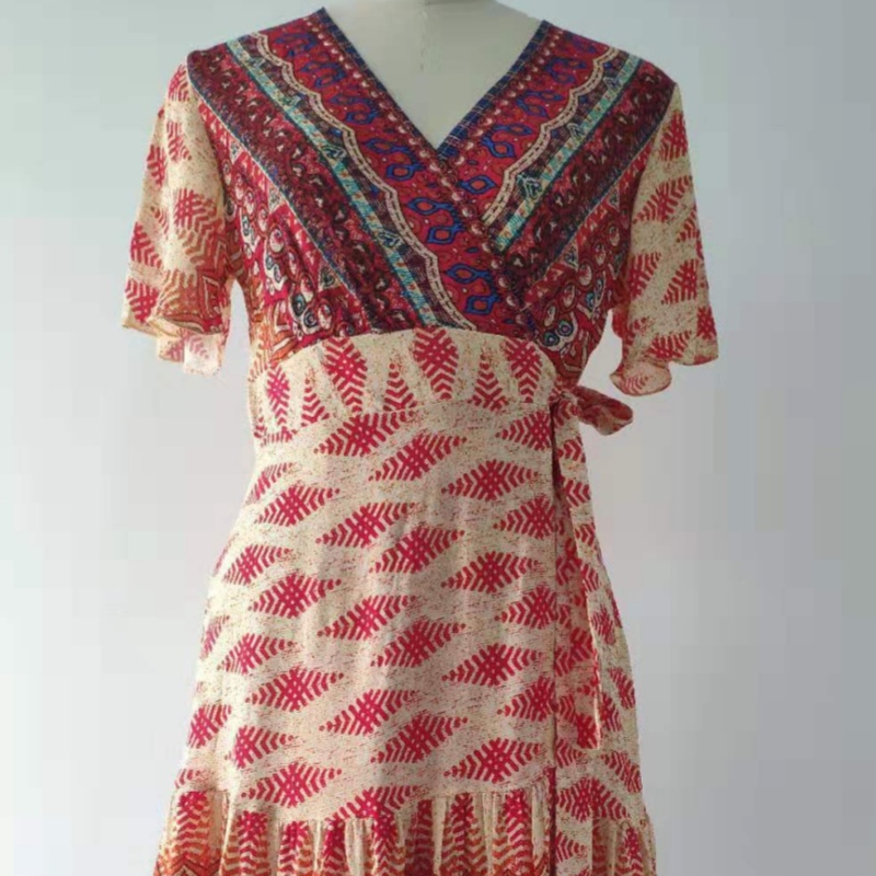Women's Beach Short-Sleeve Pleated Printed Dress