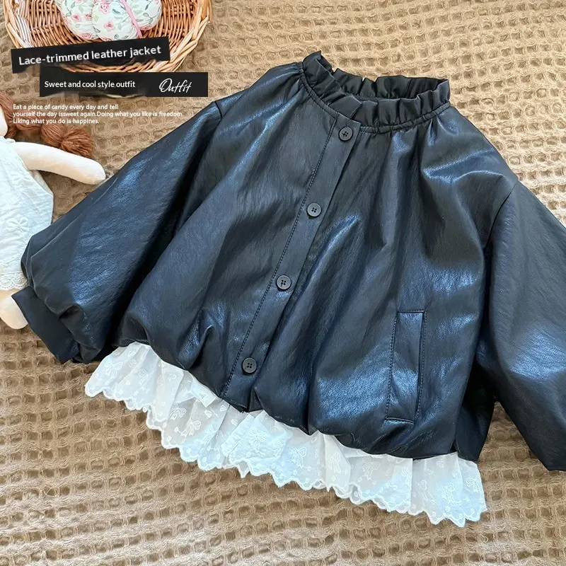 Autumn Forest-Style Lace-trimmed Patchwork Leather Jacket