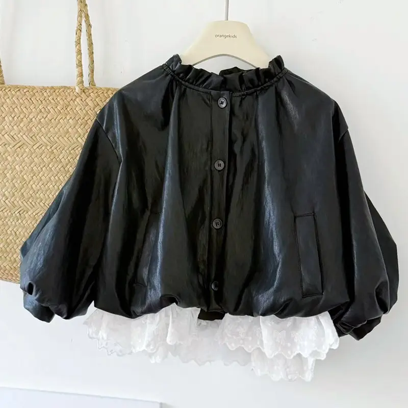 Autumn Forest-Style Lace-trimmed Patchwork Leather Jacket For Baby Girls