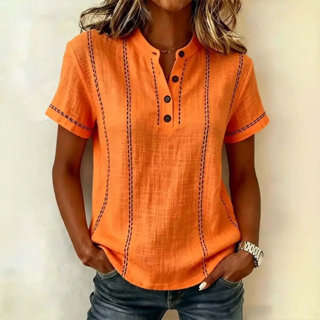 Summer Striped Short-Sleeve Shirts Casual Stand-Collar V-neck Button Blouse Womens Clothing
