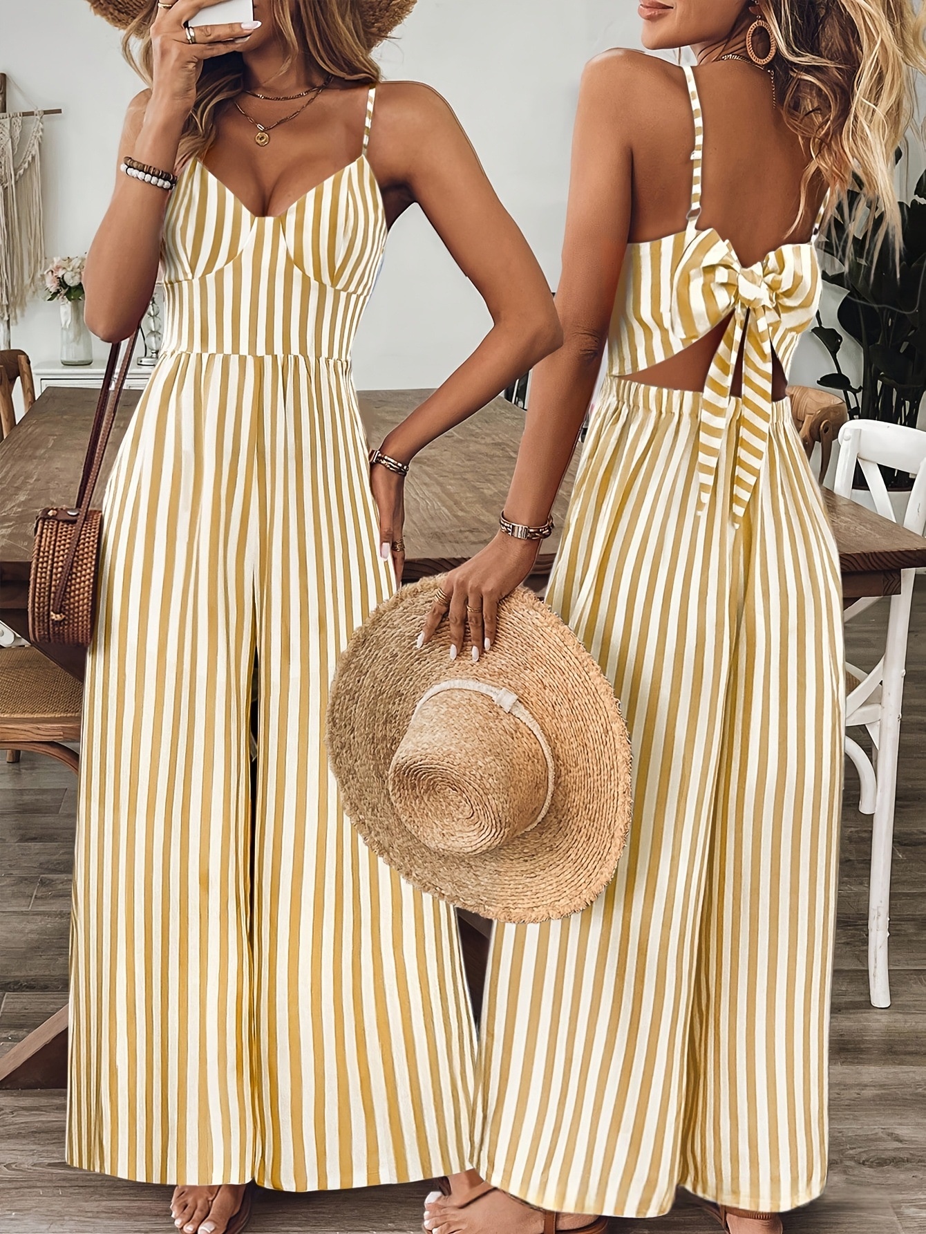 Printed sleeveless backless jumpsuit, model wearing outdoor lifestyle photo showing full length silhouette