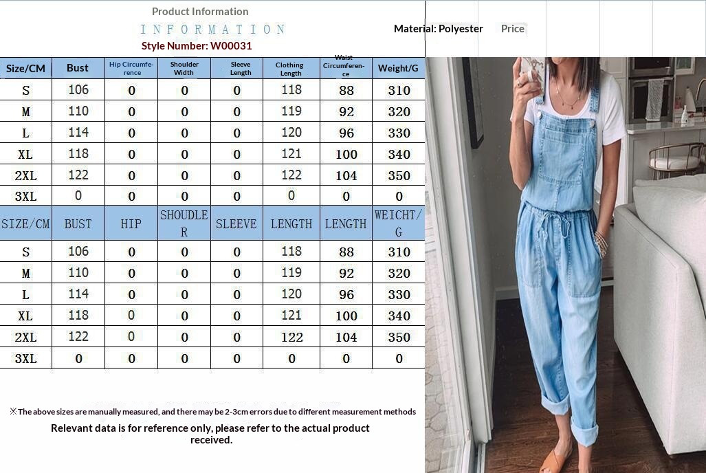 Women's wide-leg overall jumpsuit pants size chart – S M L XL 2XL 3XL