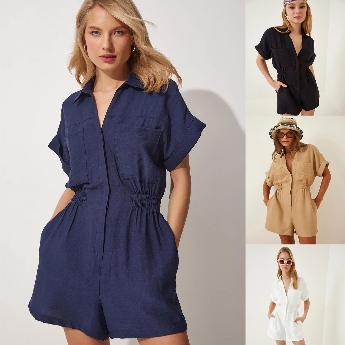 Women's cotton linen loose-fit workwear jumpsuit with pockets – front view