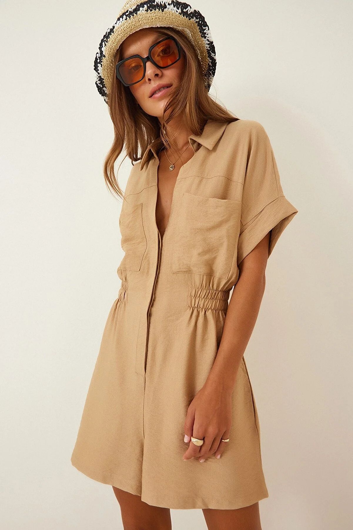 Women's loose-fit workwear jumpsuit – khaki colorway full length
