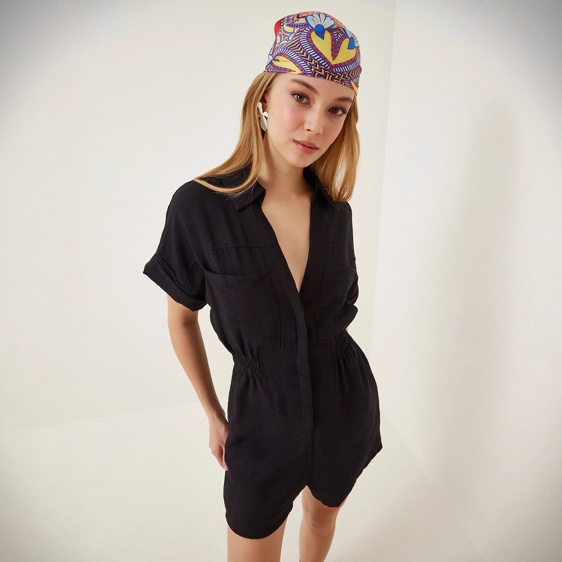 Women's cotton linen jumpsuit – dark blue colorway front and side view