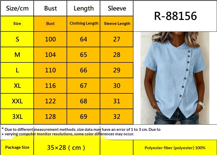 Women's cross-neckline asymmetrical top size chart – S M L XL 2XL 3XL