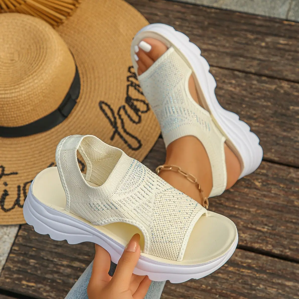 Slip-on Mesh Peep-toe Flyknit Hollowed-out Chunky-soled Sneakers