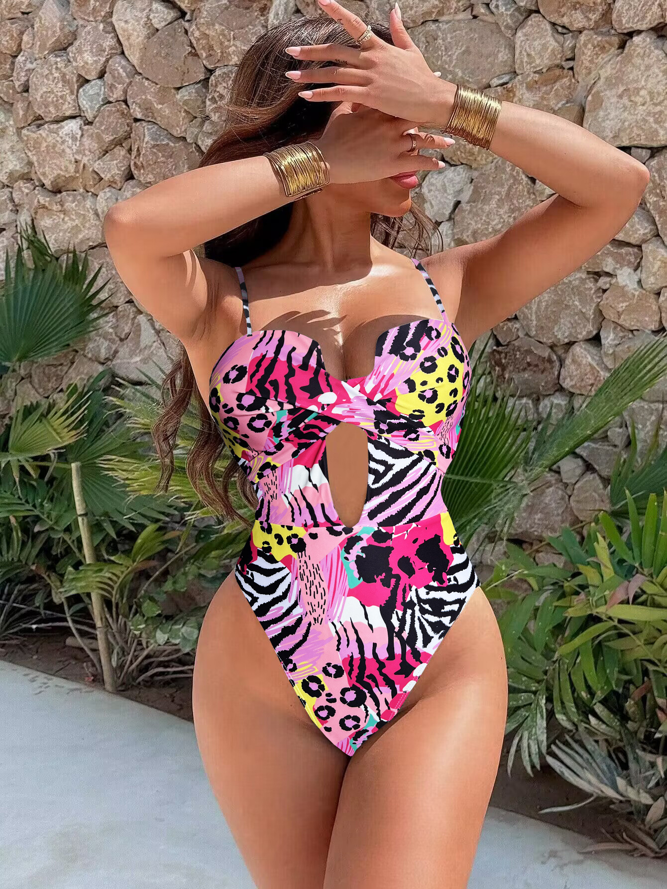 Leopard-print Cutout-strap One-piece Bikini