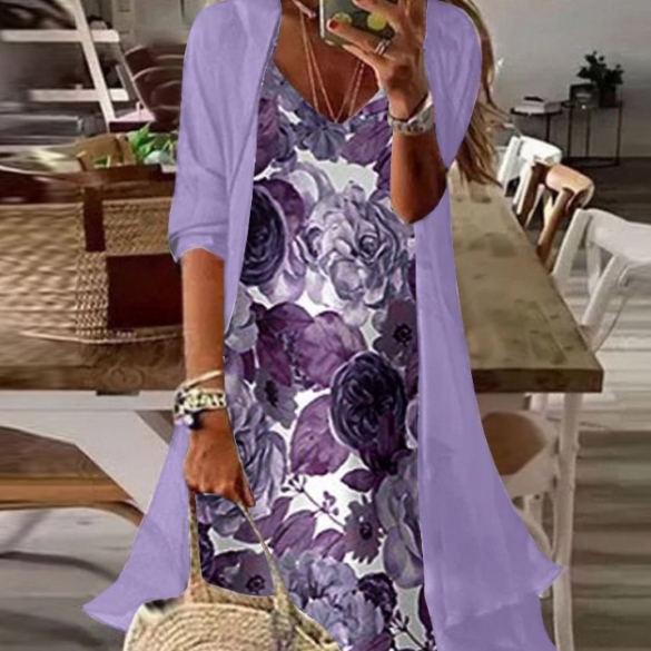 Summer Women's Print Holiday Suspender Dress Two-piece Set