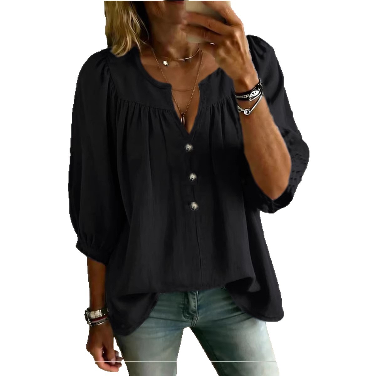 Women's linen three-quarter sleeve T-shirt in red – buttoned loose fit casual elegant