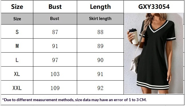 US size chart for women's contrast-color V-neck A-line dress – bust waist hip measurements
