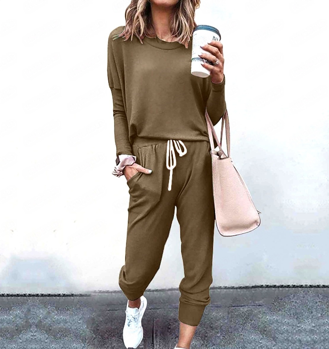 Women's casual 2-piece set in rose red – long sleeve top and pencil pants loose