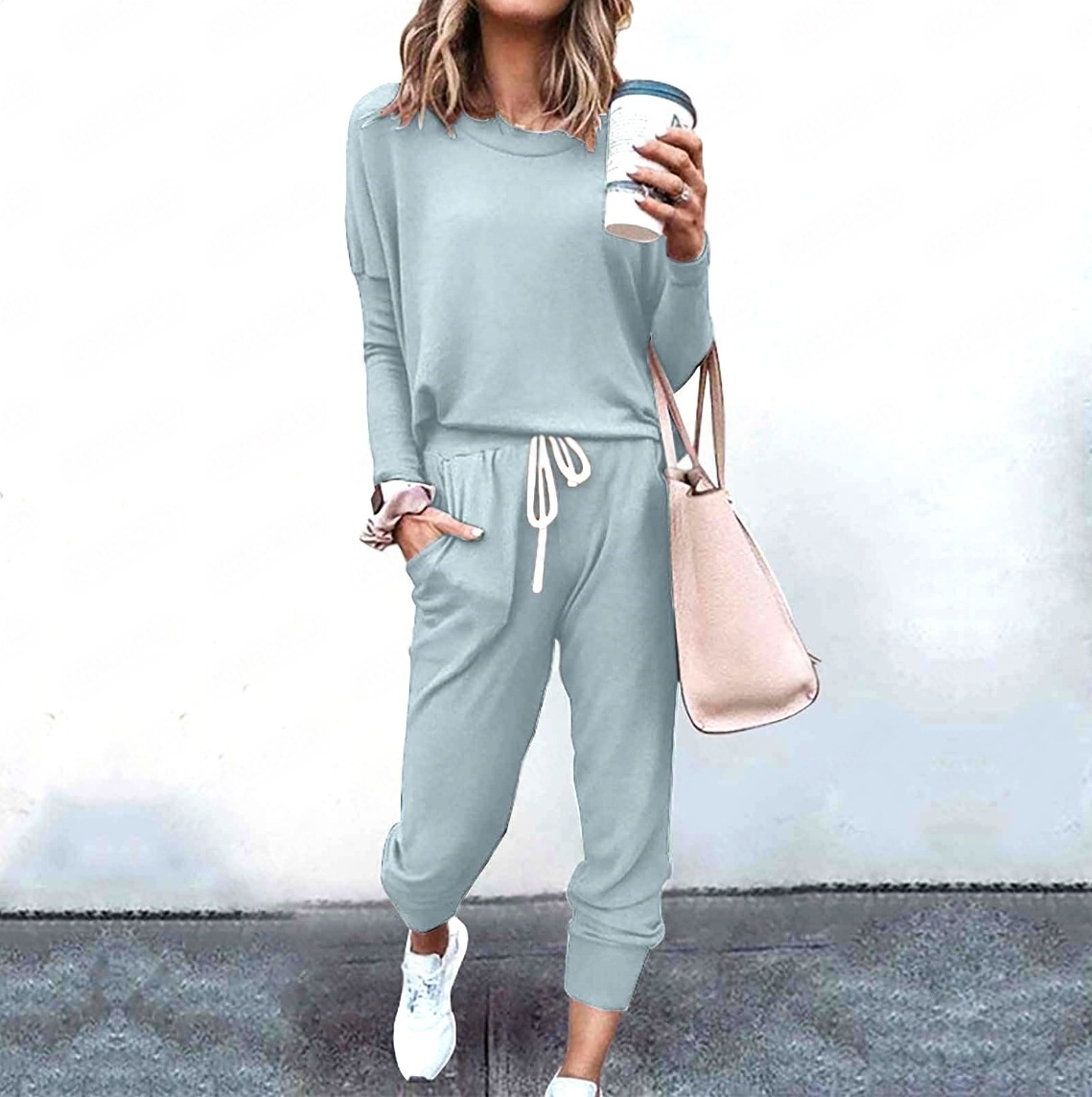 Women's long sleeve T-shirt and pencil pants set in dark green – loose casual 2-piece suit