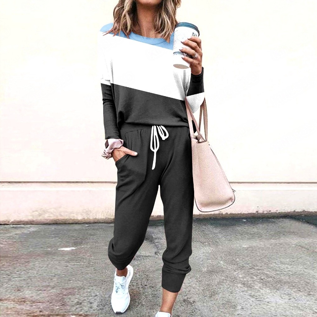 Women's matching pants set in dark blue stripes – long sleeve loose casual suit
