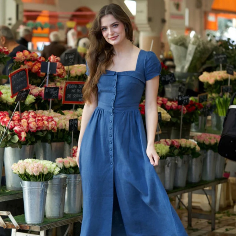 Women's Short-Sleeve Linen French-Style Dress