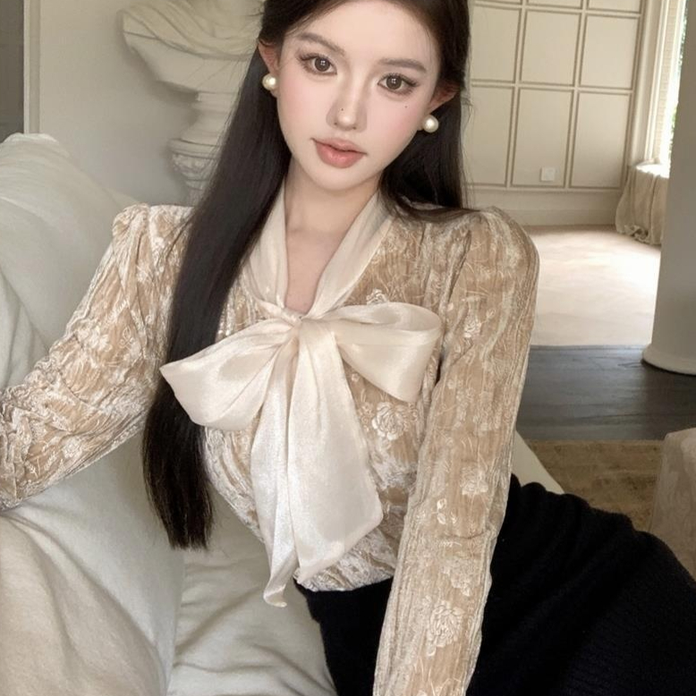 French-style Bow-Tie Lace-Up Velvet Shirt For Women