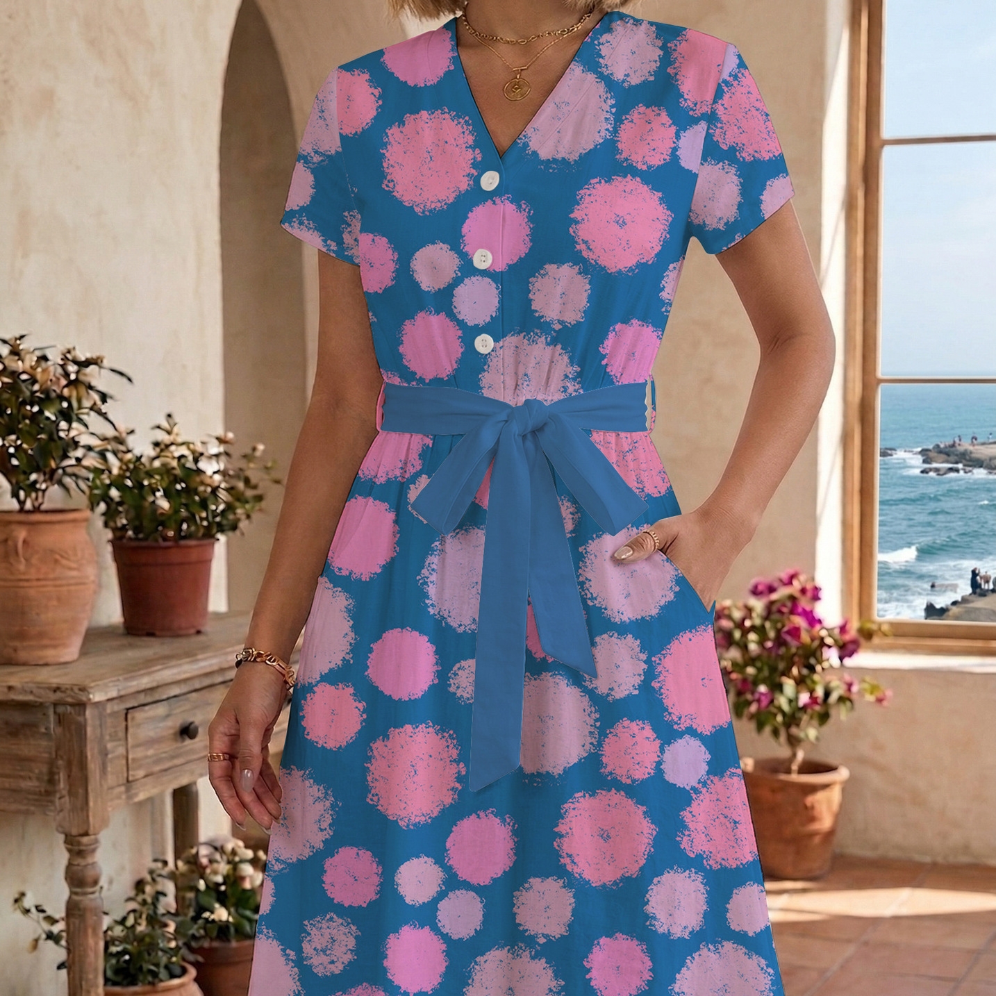 European And American-style Digital-print V-neck Lace-up Waist-cinching Slimming Button-front Shirt Dress