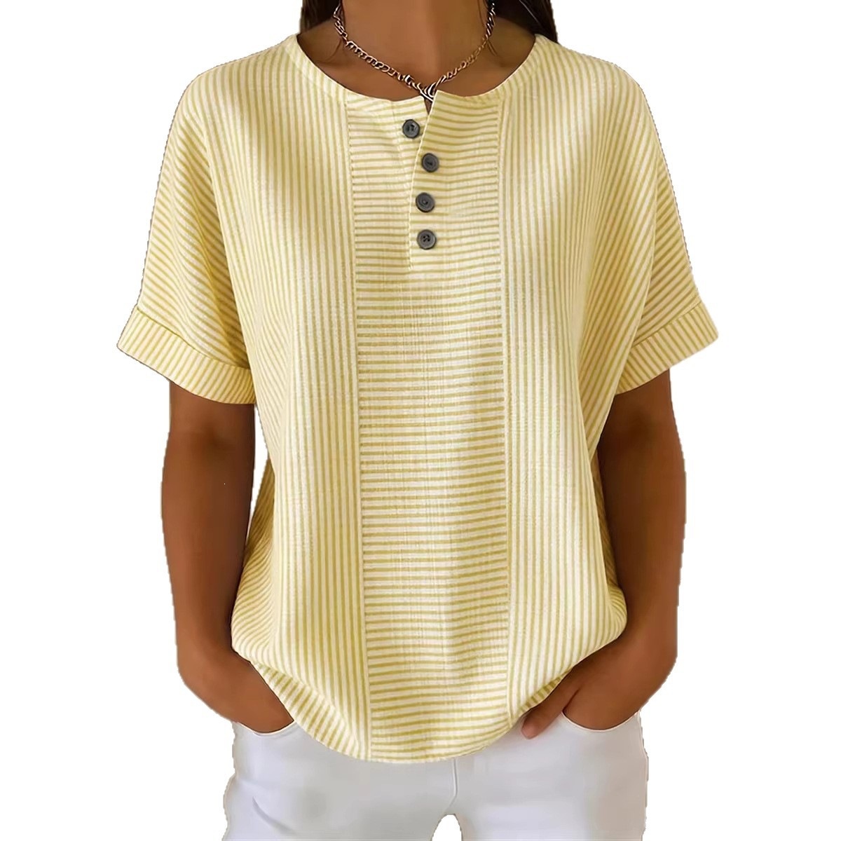 Women's cotton linen V-neck T-shirt in blue – striped button detail loose fit