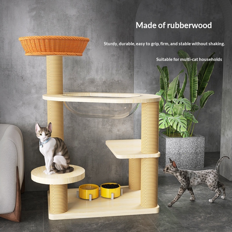 Solid Wood Cat Tree With Multi-Level Platforms And Woven Rattan Cat Bed
