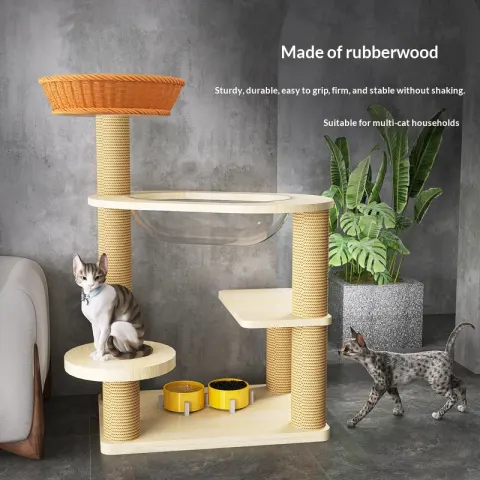 Solid Wood Cat Tree with Multi-Level Platforms and Woven