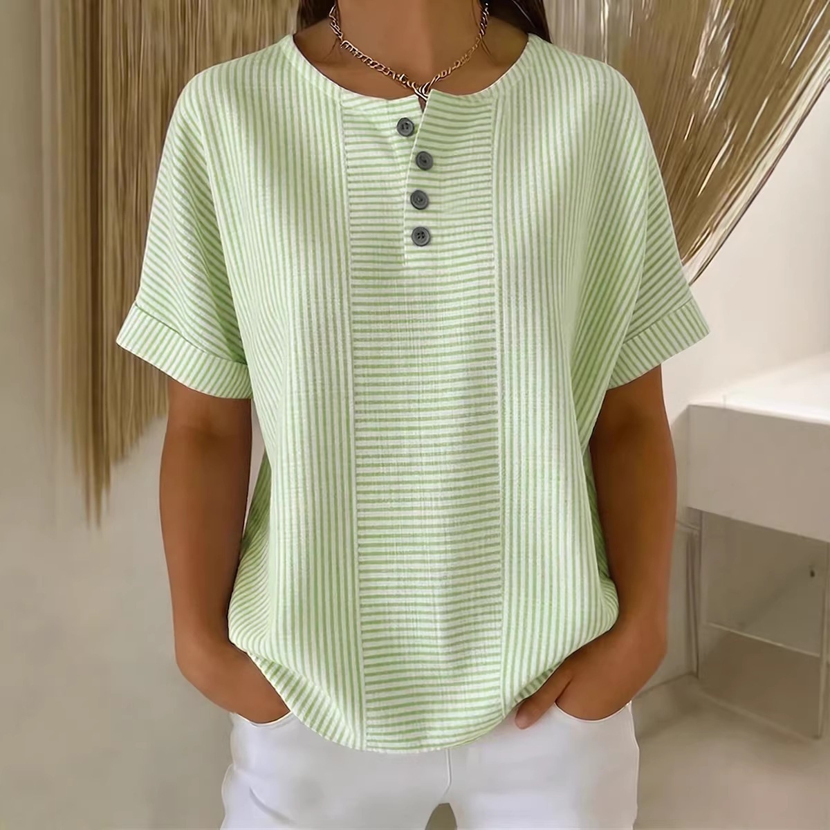 US size chart for women's cotton linen striped T-shirt – bust measurements in inches