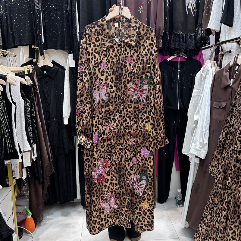 Leopard-print Lace-up Waist-defined Loose Long-sleeve Dress