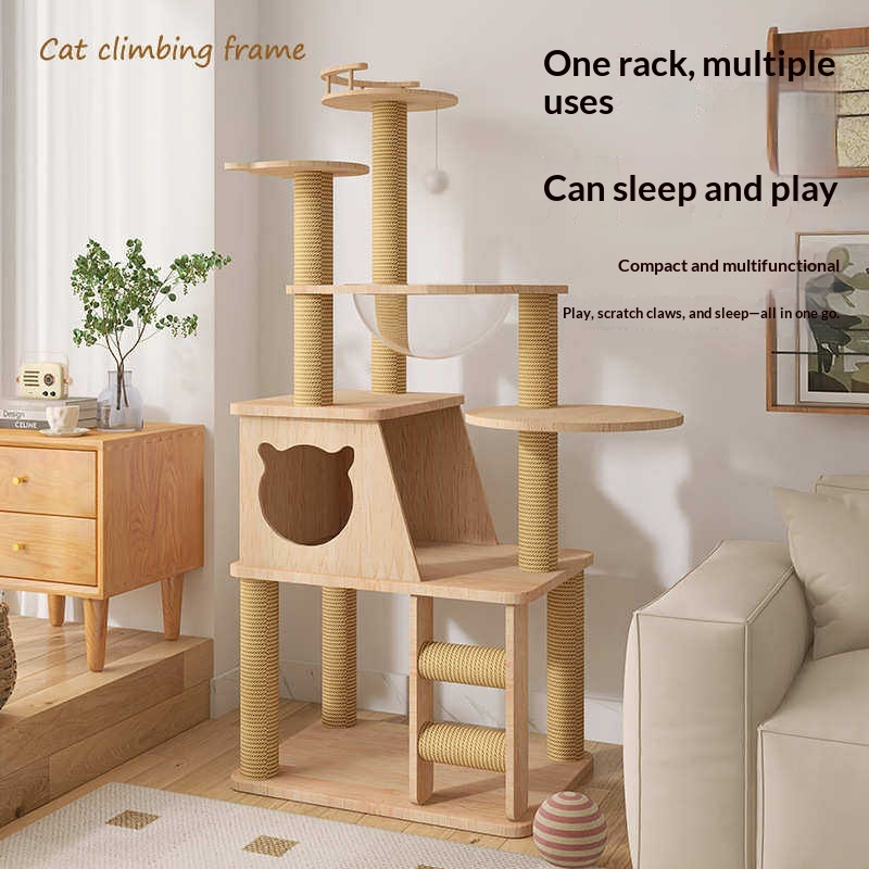 Solid Wood All-in-One Space-Saving Cat Tree