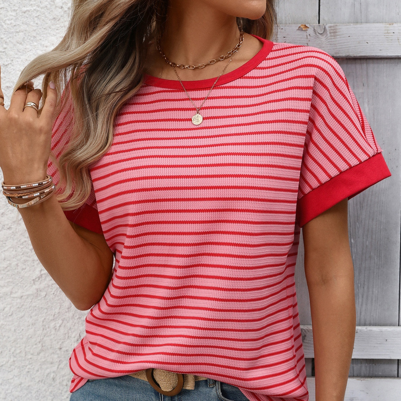 Casual Crew-Neck Patchwork Short-Sleeve T-Shirt