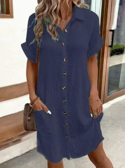 Summer Short Sleeve Shirt Dress Fashion Solid Color Single-breasted Mid-length