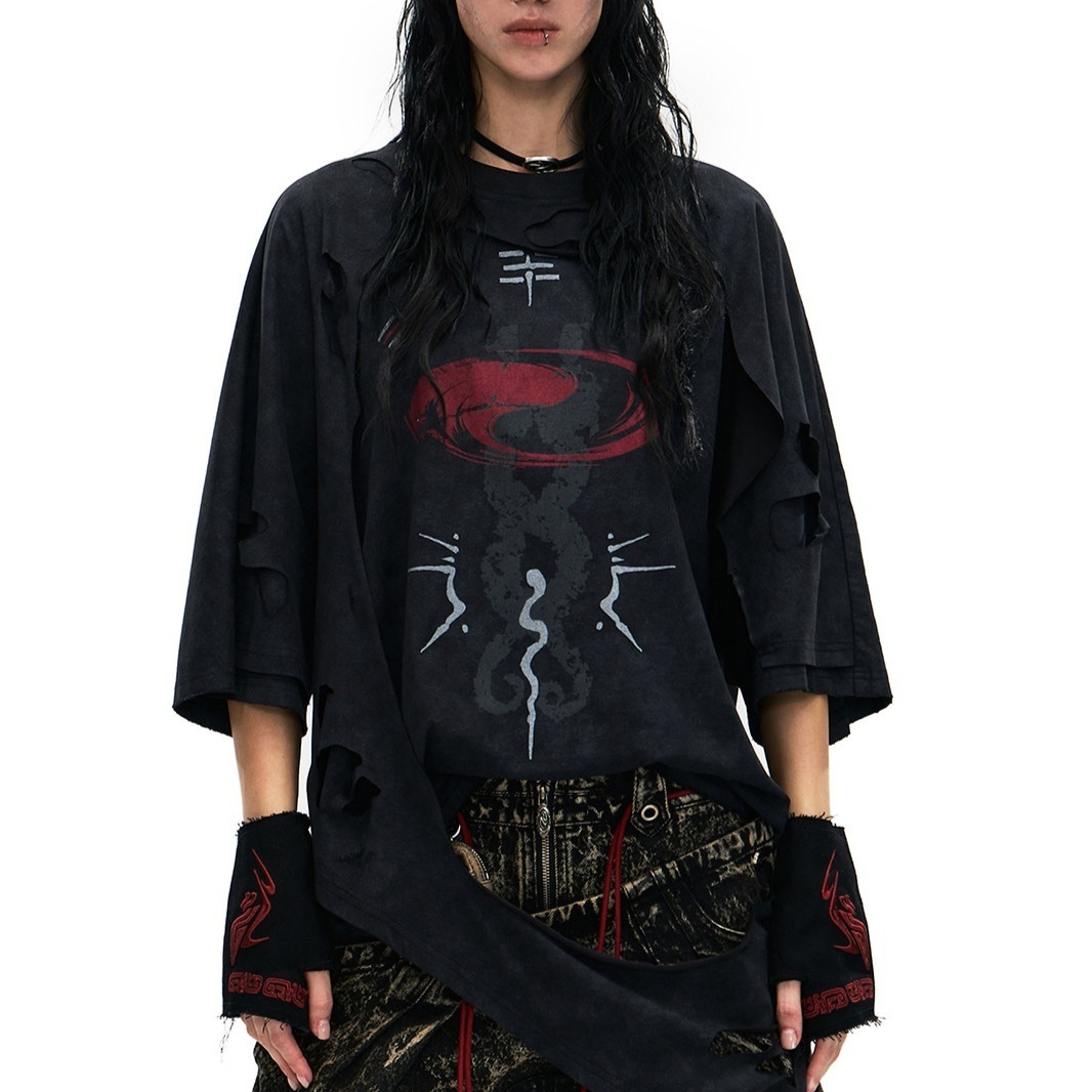 Asymmetric Distressed Loose Short-Sleeve T-Shirt