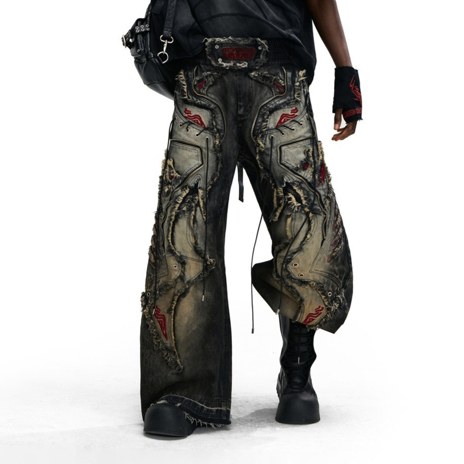 Lucky Pattern Embroidered Patchwork Jeans