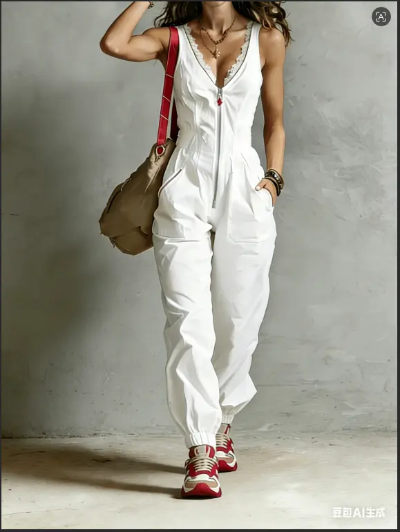 New White Flame Lace V-neck Zipper Workwear Jumpsuit For Spring 2026